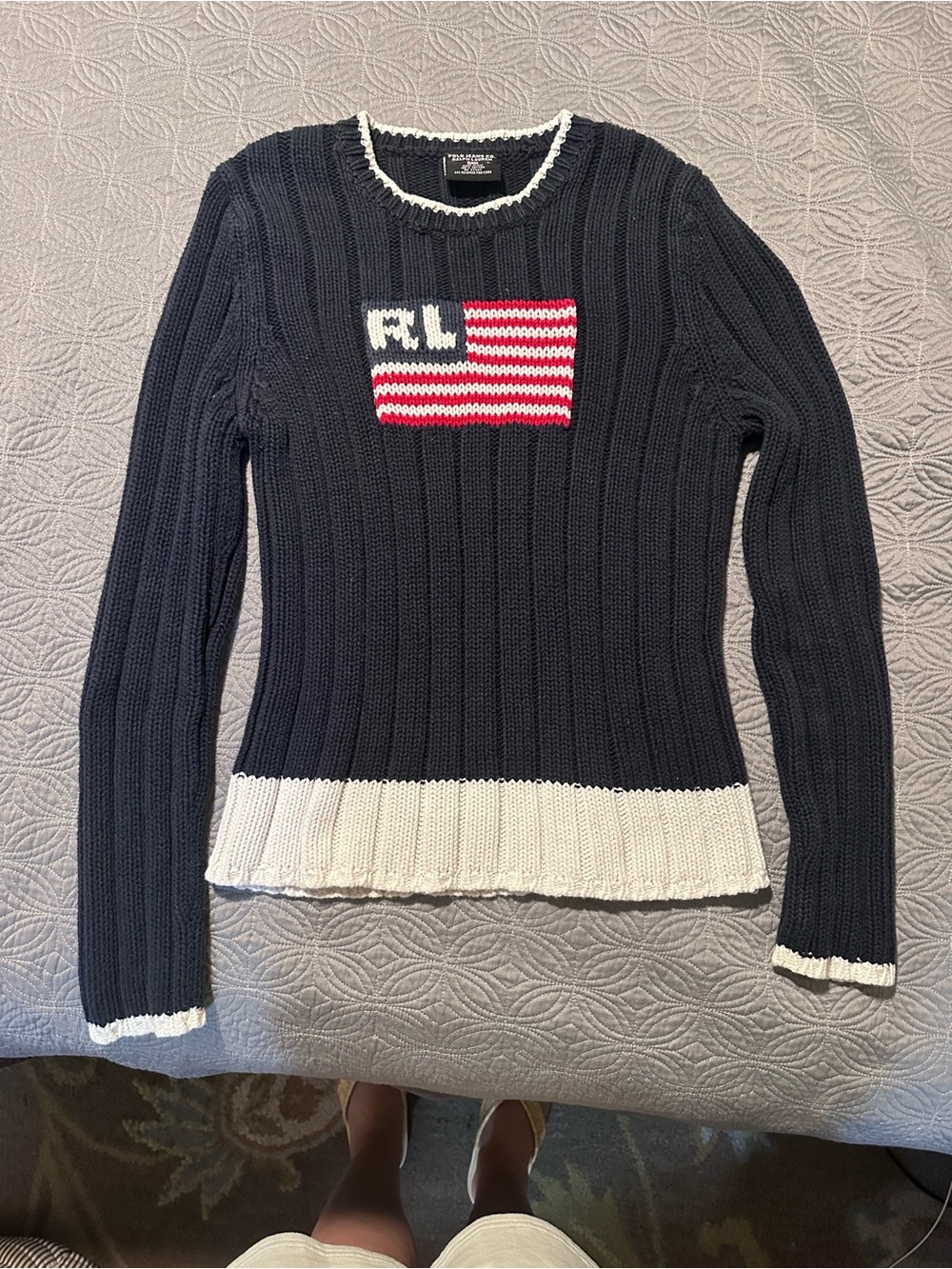 Vintage Ralph Lauren Polo Jeans Navy Crewneck Sweater with White Trim and Flag